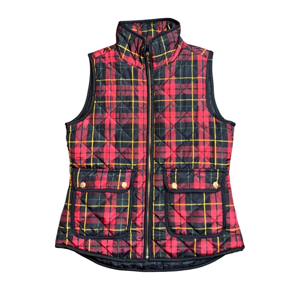 British Khaki Women Quilted Plaid Vest Red Black Yellow Pockets Full Zip Size S